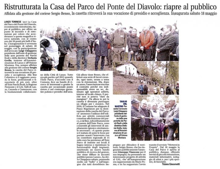 Articolo pubblicato sul settimanale "il Canavese" inerente alla ristrutturazione della Casa del Parco del Ponte del Diavolo